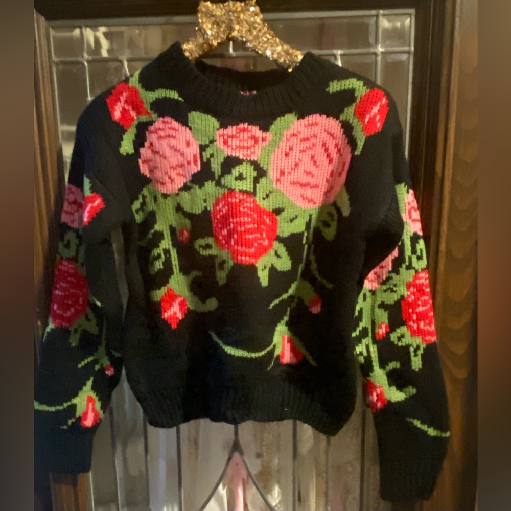 Black Floral Knit Sweater with Pink & Red Roses